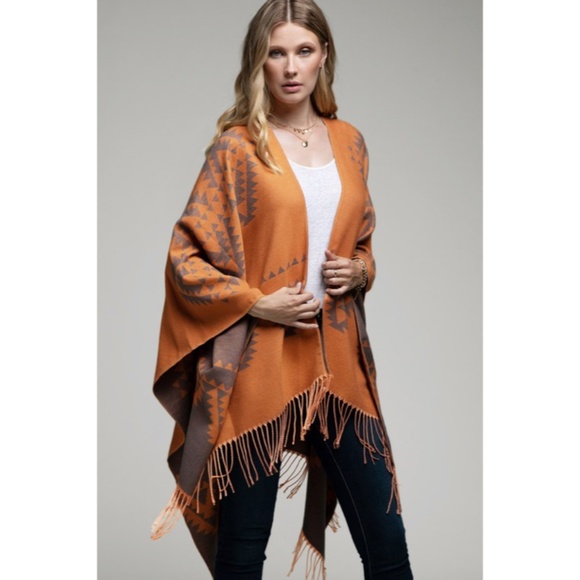 SOLD OUT Rustic Pottery Rust Western Aztec Tribal Native Reversible Ethnic Ruana - Picture 2 of 6